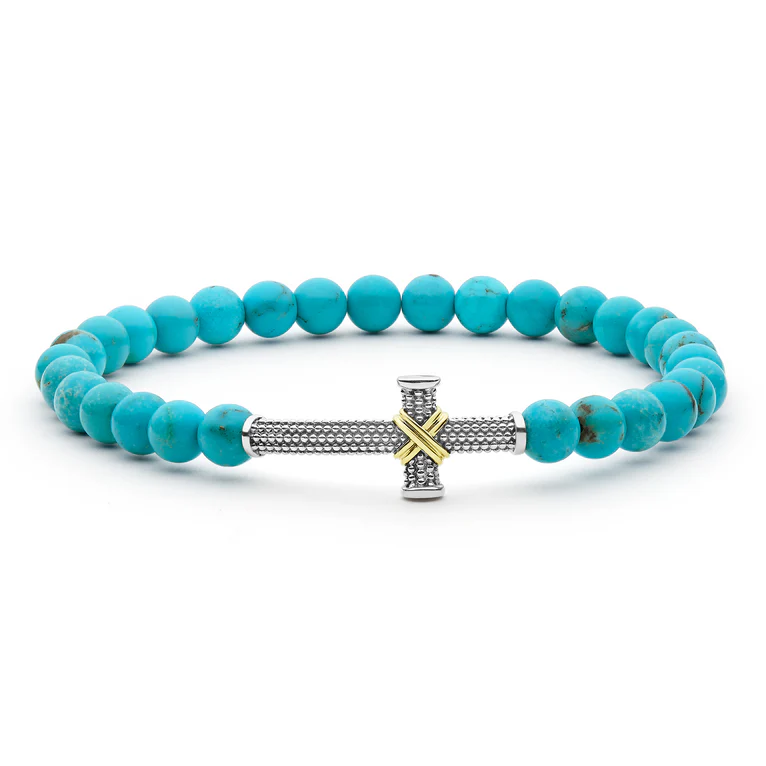 Anthem Turquoise 25mm Cross Stretch Bracelet in Sterling Silver and 18K Yellow Gold, size 8