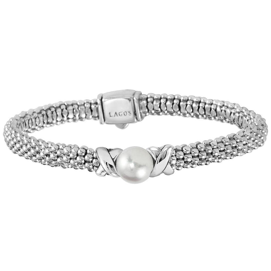 Luna 8mm Freshwater Pearl 6mm X Rope Bracelet in Sterling Silver, Size 7