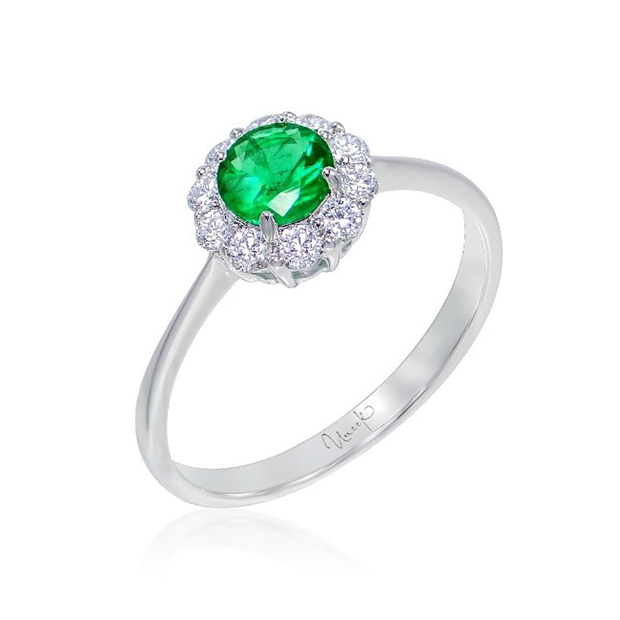 0.30Ct Emerald and 0.24Ct Diamond Halo Ring in 18k White Gold, Size 6.5