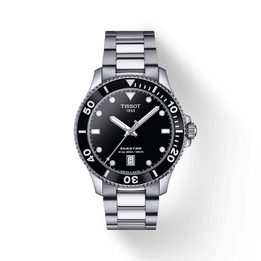 40mm Seastar 1000 Quartz Black Index Marker Dial and Date Black Bezel Watch in Stainless Steel with Bracelet
