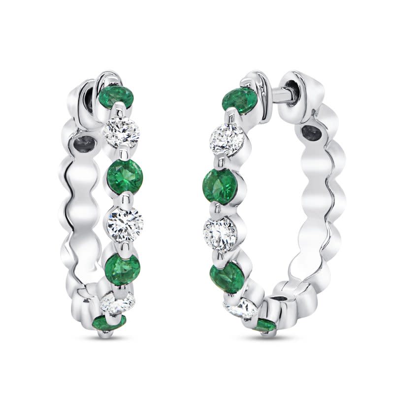 Chatterley 0.43ct Round Emerald and 0.29ct Diamond Huggie Hoop Earrings in 14K White Gold