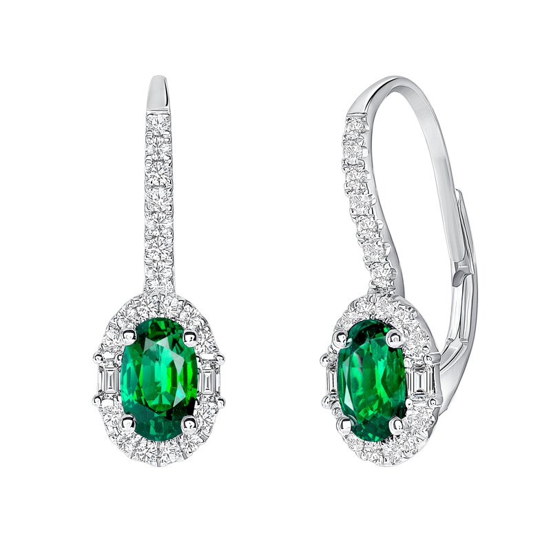 Precious 0.82ct Oval Emerald, 0.25ct Diamond, and 0.09ct Baguette Halo Drop Earrings in 18K White Gold