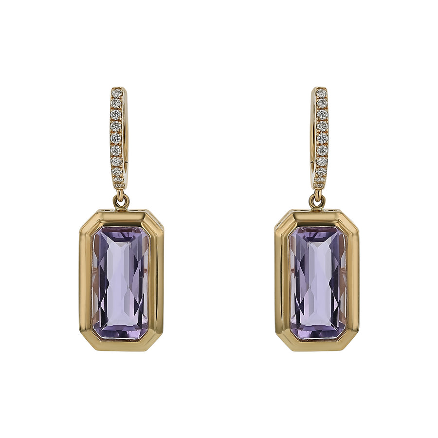 7.01ct Cushion Amethyst and 0.18ct Diamond Drop Earrings in 14K Yellow Gold