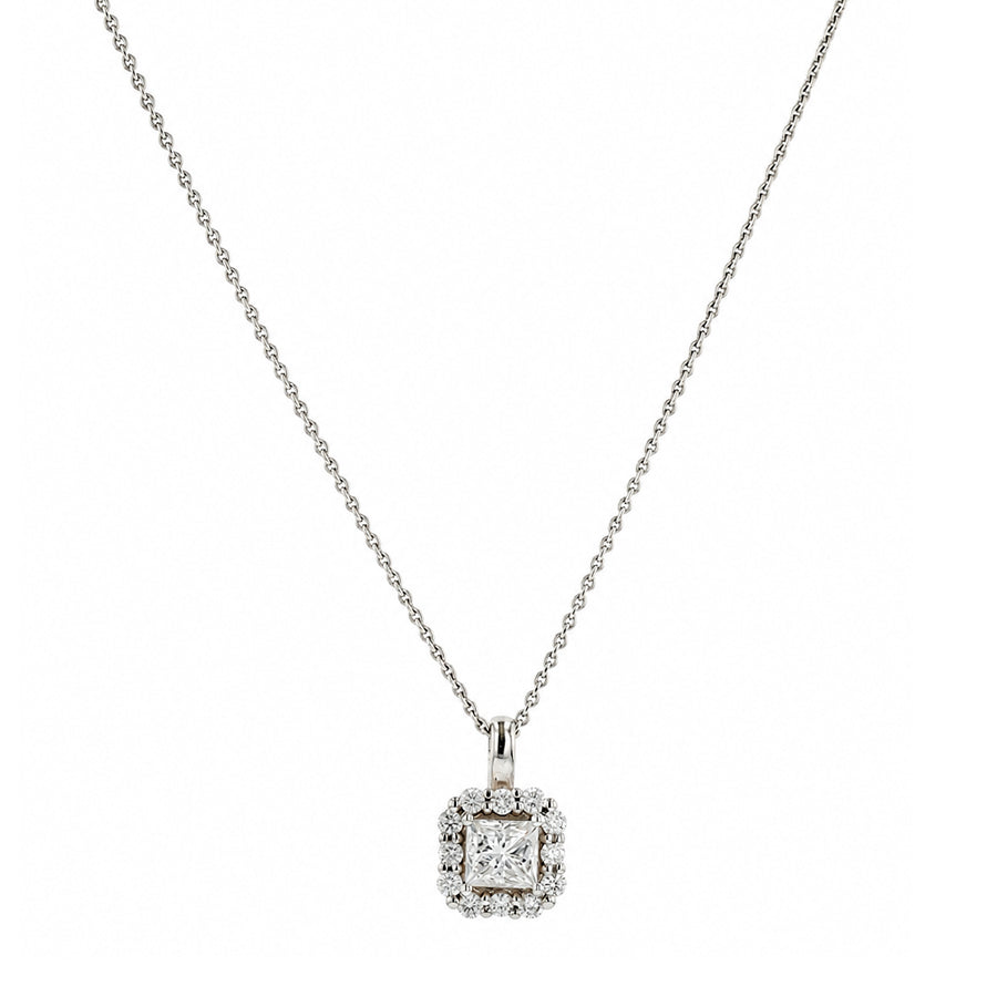 0.88ct Princess Cut Diamond and 0.24ct Round Brilliant Diamond Pendant in 18K White Gold, 18"