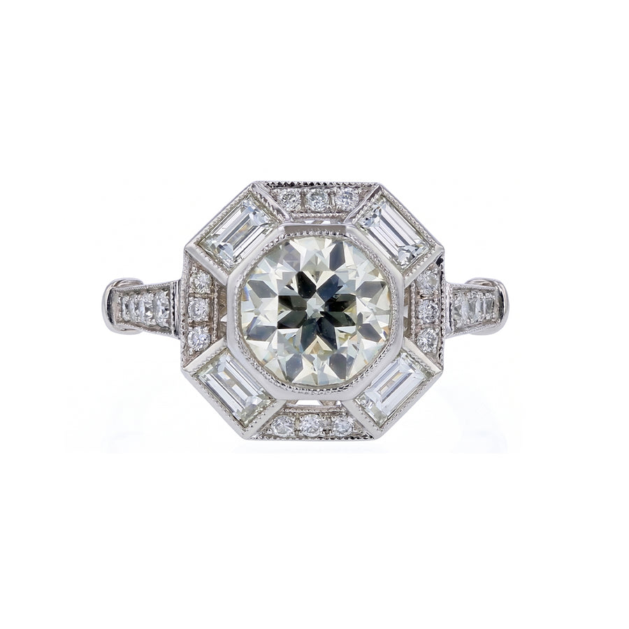 Dardashti Reproduction 1.47ct Old European Cut Diamond nd 0.77ct Round and Baguette Diamond Ring in Platinum size 4.25