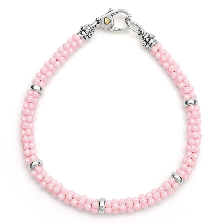 Pink Caviar Rope Bracelet in Sterling Silver and Ceramic, size 6.5