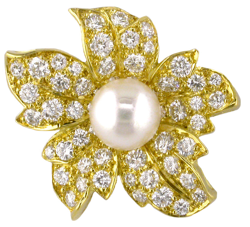 2.18Ct Diamond and Cultured Pearl Brooch in 18K Yellow Gold