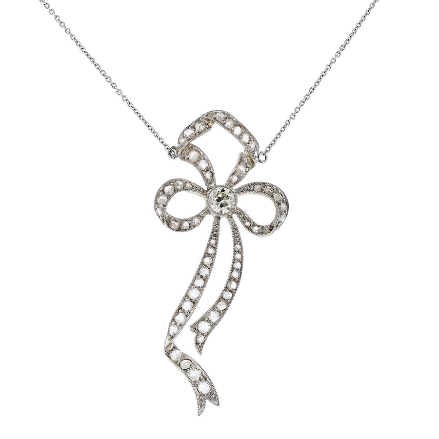 Edwardian 1.00ct Old Rose Cut Diamond and 0.30ct OEC Diamond Bow Necklace in Platinum with 18K Yellow Gold Circa 1900s, 16"