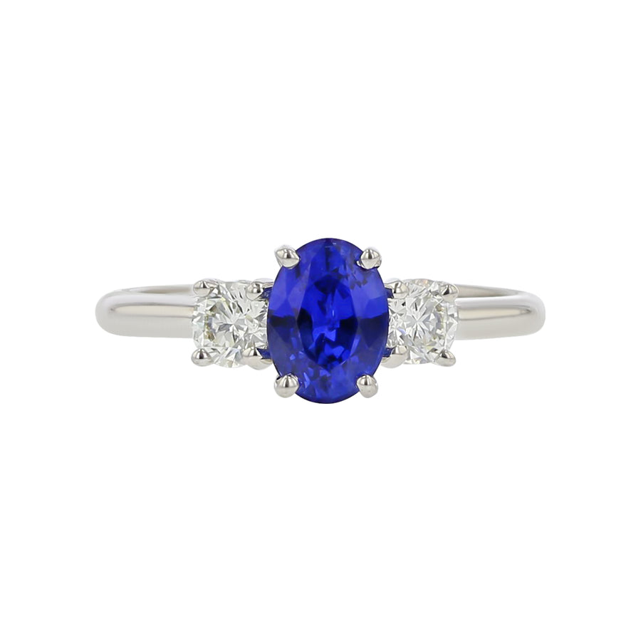 0.90Ct Sapphire and 0.36Ct Diamond 3-Stone Ring in 18K White Gold, Size 6