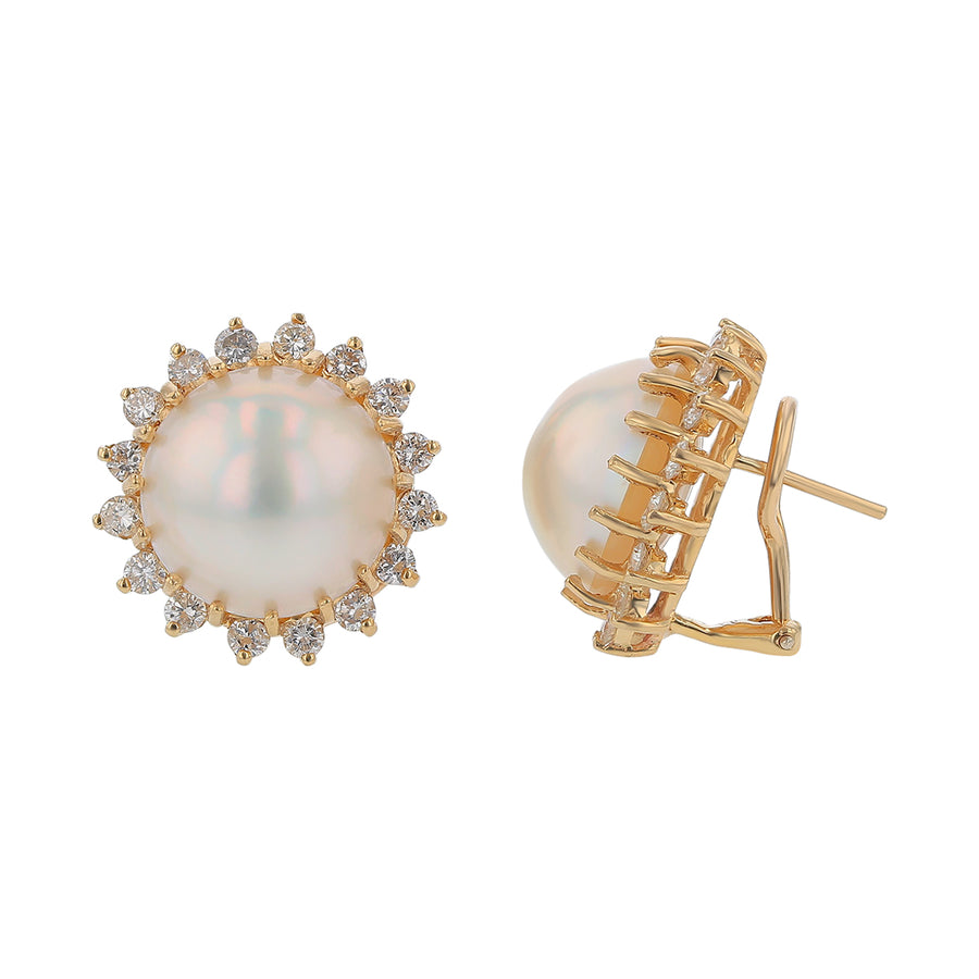 1.60ct Round Diamond Halo and White Mabe Pearl Earrings in 14k Yellow Gold