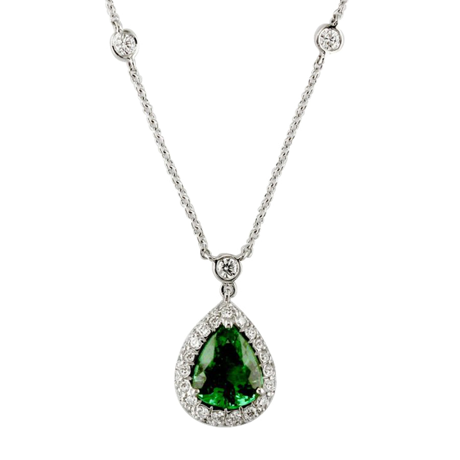 1.75Ct Tsavorite and 0.70Ct Diamond Pear Necklace in Platinum, 16" chain