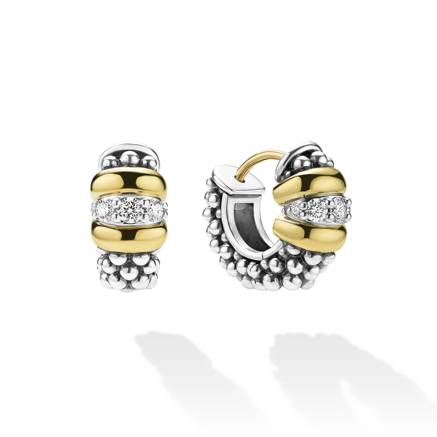 Signature Caviar 0.29ct Diamond Beaded Huggie Earrings in Sterling Silver and 18K Yellow Gold