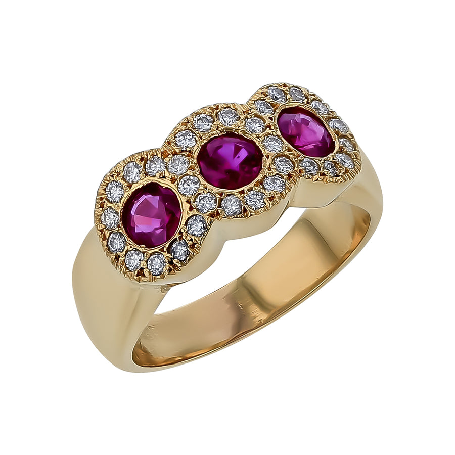 0.95ct Ruby and 0.45ct Diamond Triple Halo Ring in 18K Yellow Gold, size 7