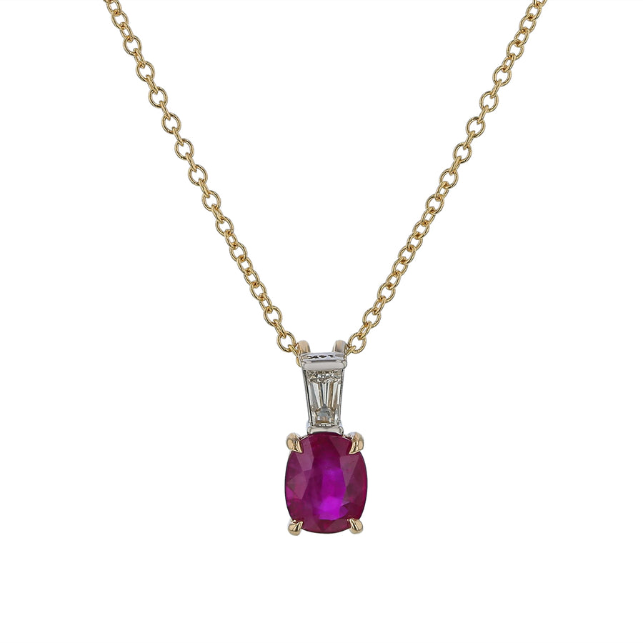 1.09ct Oval Burma Ruby and 0.12ct Diamond Pendant in 14K Yellow Gold, 18" chain