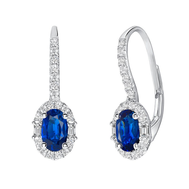 Precious 1.15ct Oval Sapphire, 0.25ct Diamond and 0.09 Baguette Diamond Halo Drop Earrings in 18K White Gold
