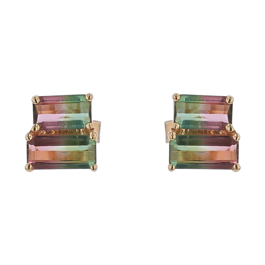 1.04Ct Bi-Color Tourmaline Stacked Stud Earrings in 14k Yellow Gold