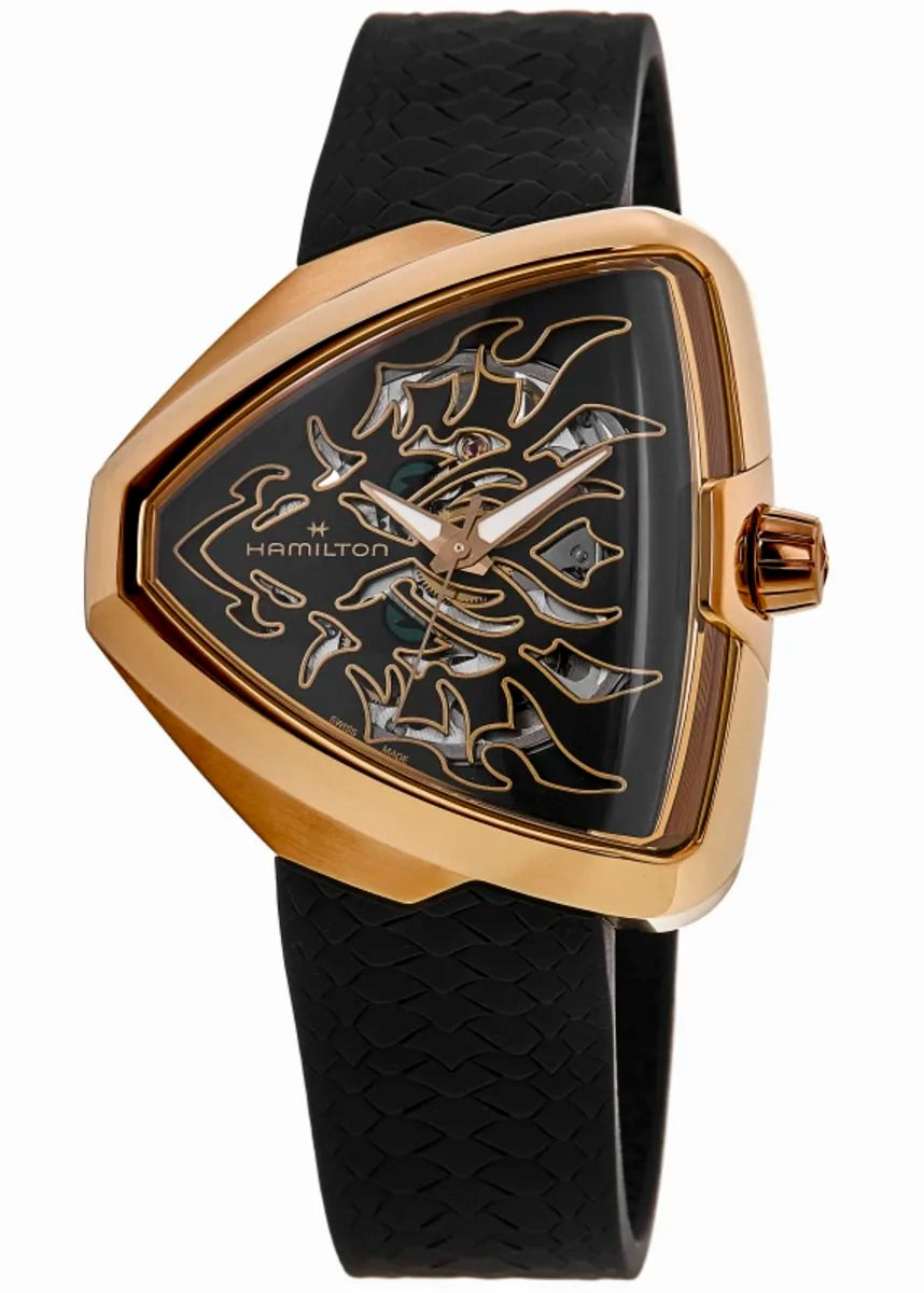 42.5mm Ventura Elvis80 Skeleton Automatic Watch with Black Dial in Rose Gold PVD, Strap