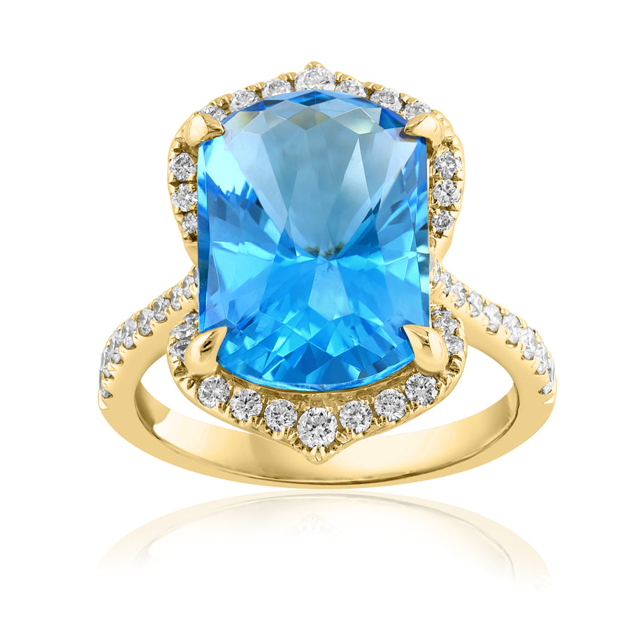 7.40ct Cushion Cut Blue Topaz and 0.50ct Diamond Halo Ring in 18K Yellow Gold, size 6.25