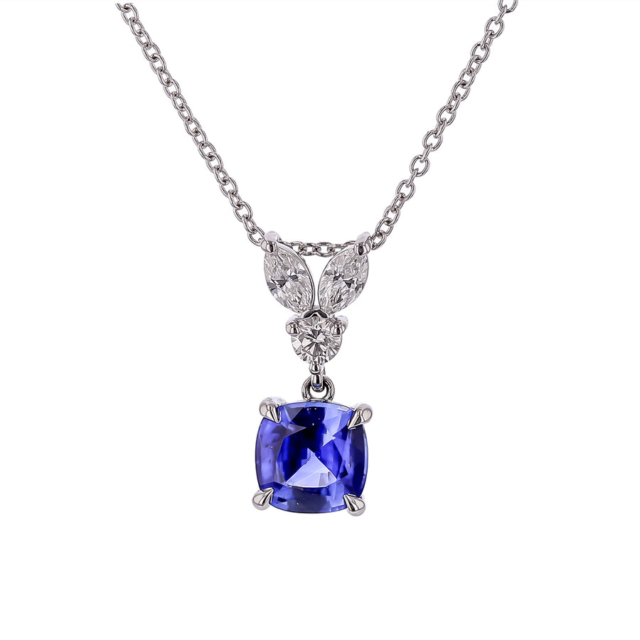 1.55ct Ceylon Sapphire and 0.36ct Diamond Rabbit Ear Pendant in 18K White Gold, 18" chain