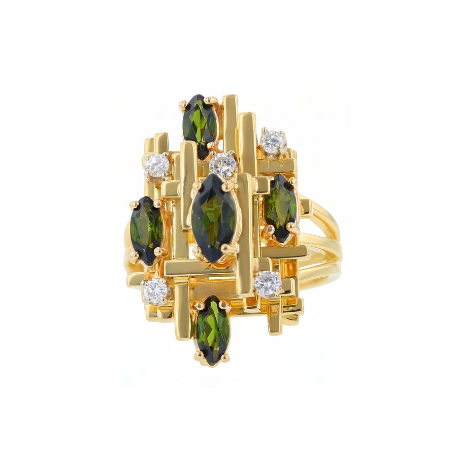 Marquise Green Tourmaline and 0.20ct Diamond Ring in 18K Yellow Gold, size 7