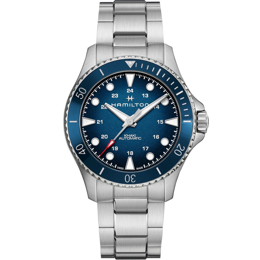 43mm Khaki Navy Scuba Auto Watch with Blue Dial in Stainless Steel, Bracelet