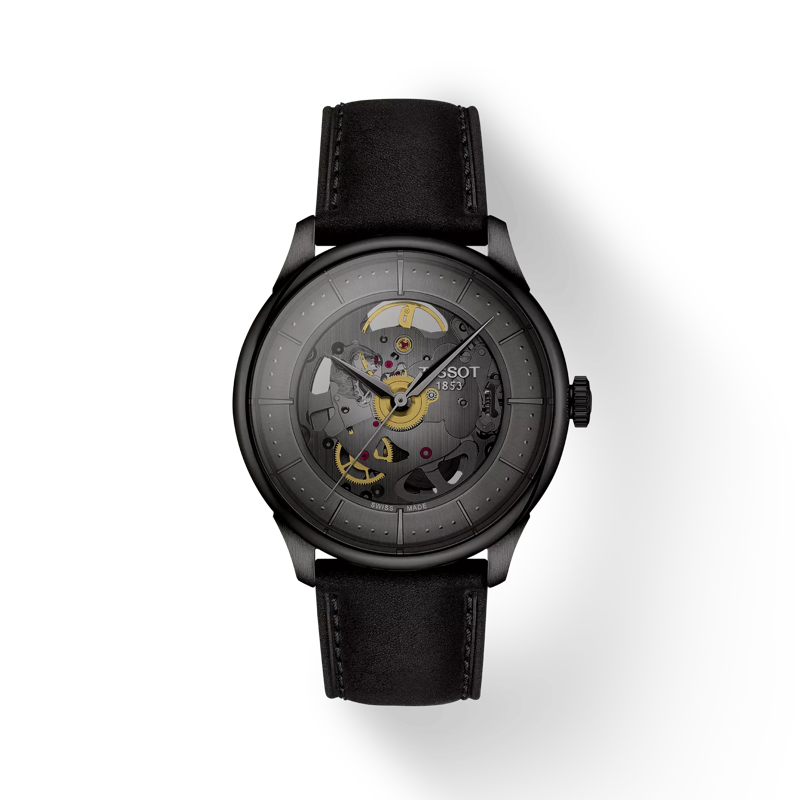 39mm Chemin Des Tourelles Skeleton Watch with Gunmetal Dial in Stainless Steel with Black PVD, Strap