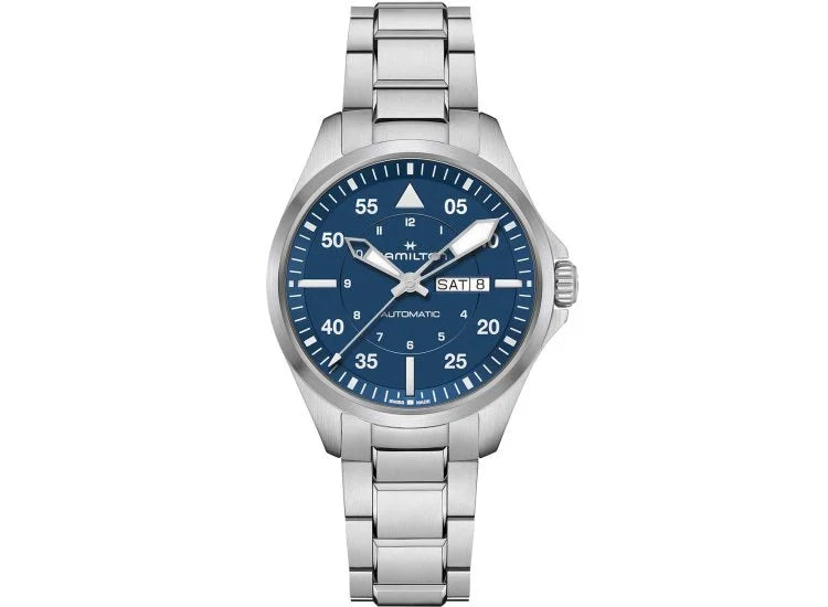 42mm Khaki Aviation Pilot Automatic Watch with Blue Dial in Stainless Steel, Bracelet