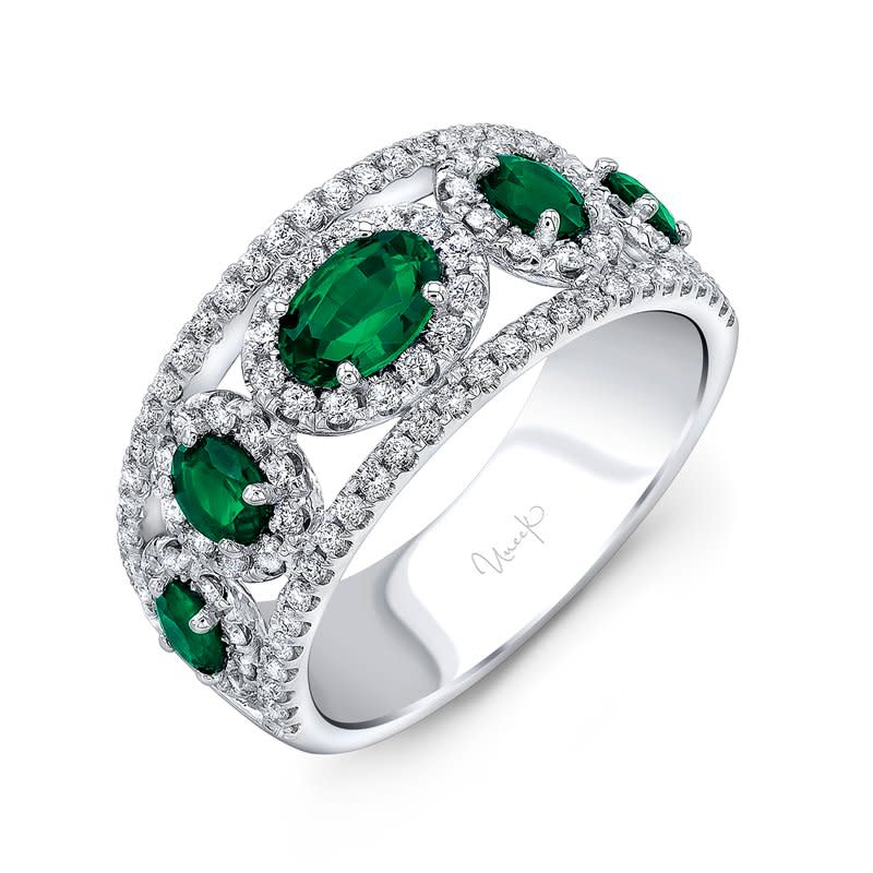 Precious Oval Emerald and Diamond Halo Ring in 18K White Gold