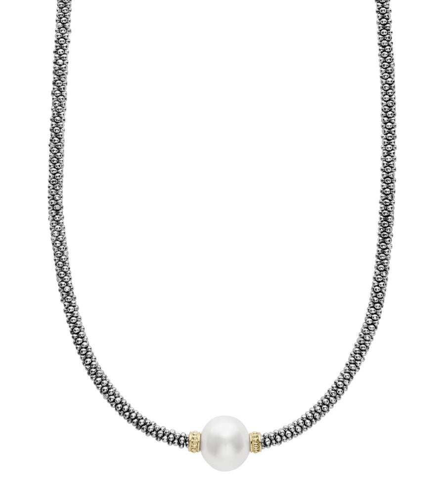 9mm Pearl 3mm Station Rope Necklace in 18K Yellow Gold and Sterling Silver 16"