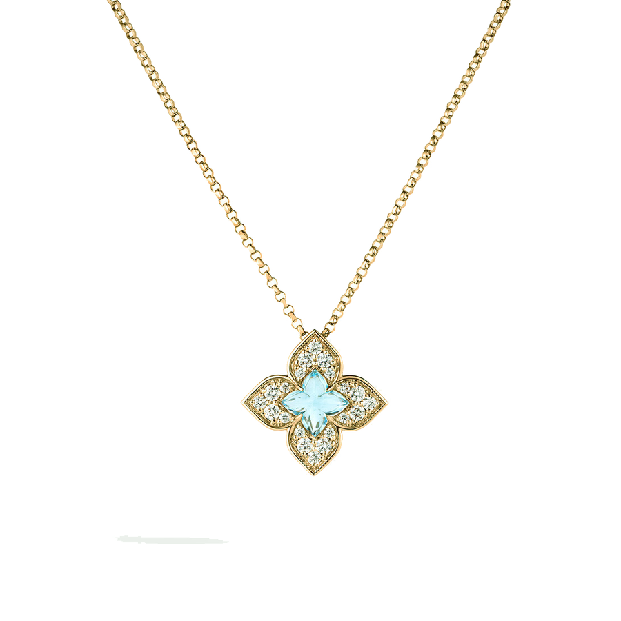 Venetian Princess 0.75ct Blue Topaz and 0.17ct Diamond Flower Pendant on Chain in 18K Yellow Gold, 18"