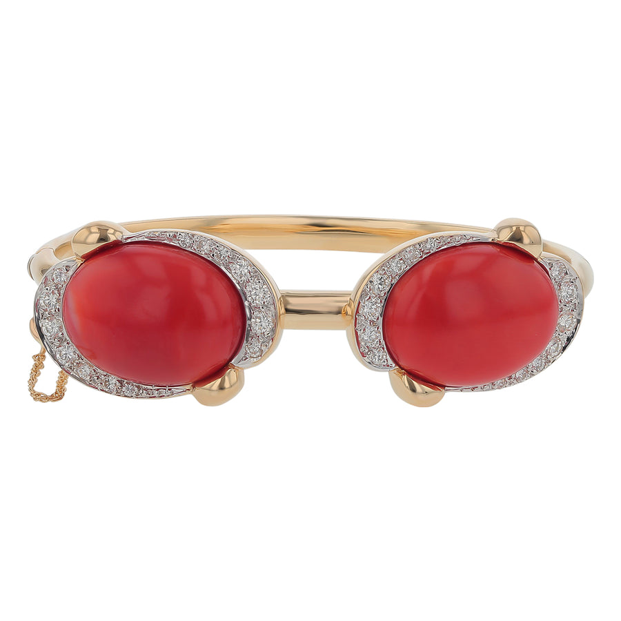 18.34ct Oxblood Cabochon Coral and 0.72ct Diamond Bangle Bracelet in 14K Yellow Gold