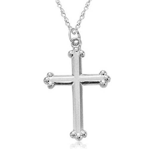 A silver-colored small cross pendant made of 14K white gold, without a chain.