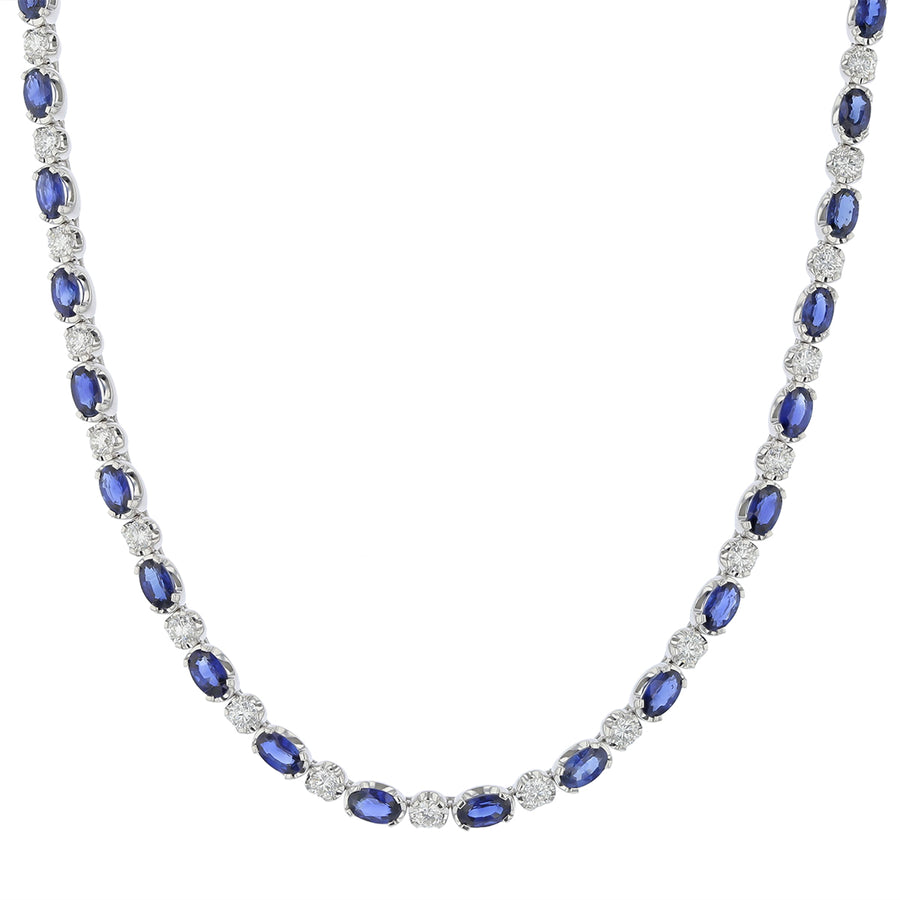 18K WHITE GOLD 22 OVAL BLUE SAPPHIRE=6.04CTS 23 ROUND DIAMONDS=2.05CTS 17" NECKLACE