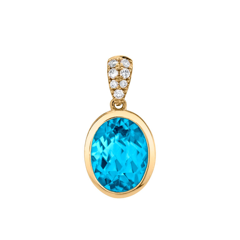2.27ct Oval Blue Topaz and 0.06ct Diamond Bezel Pendant in 14K Yellow Gold, 18" chain