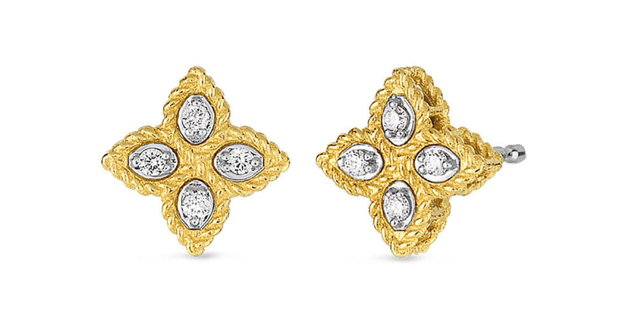 Venetian Princess Flower 0.10Ct Diamond Stud Earrings in 18K White and Yellow Gold