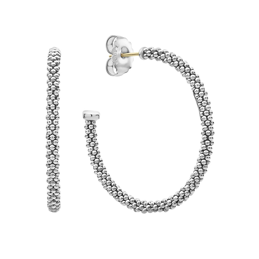 Signature Caviar Large Beaded Hoop Earrings in Sterling Silver