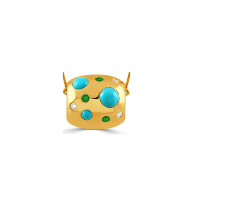 Pouf 0.12ct Tsavorite, 0.05ct Diamond and Turquoise Rondell Pendant in 18K Yellow Gold, without chain