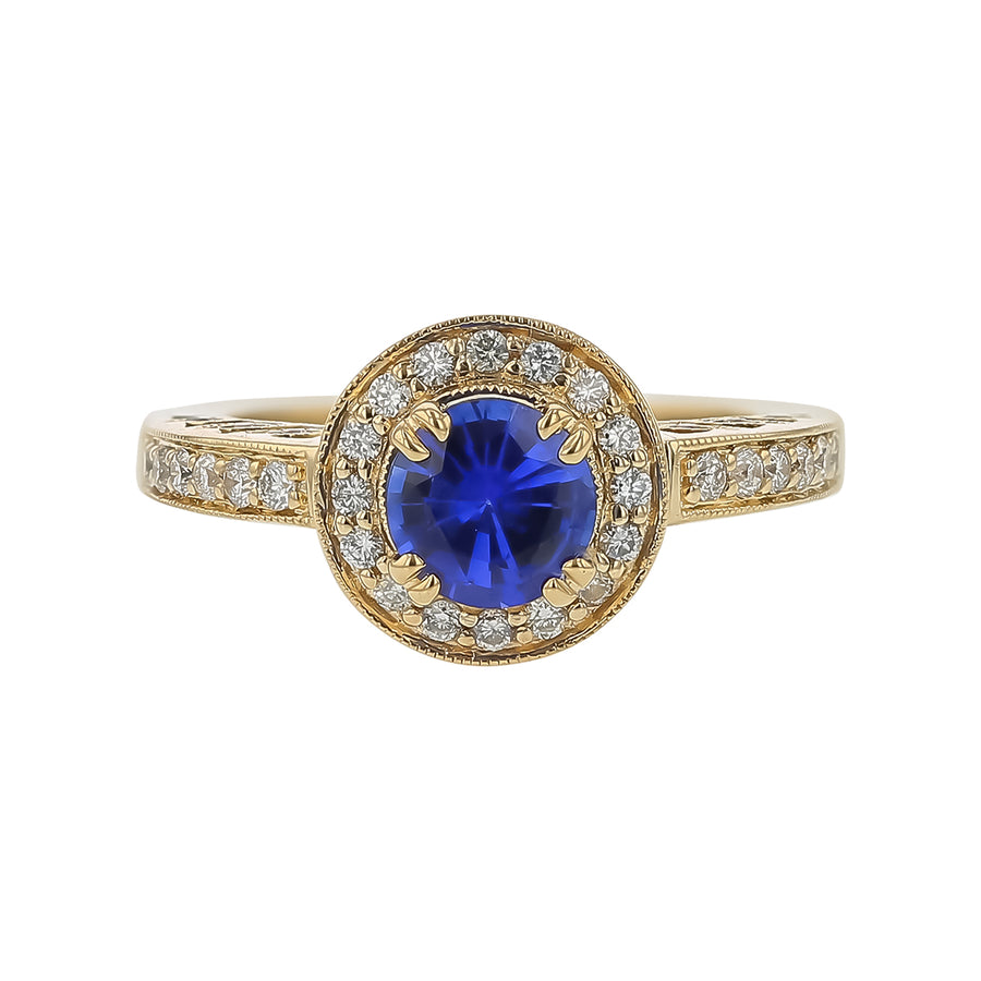 1.18ct Sri Lanka Sapphire and 0.40ct Diamond Halo Ring in 14K Yellow Gold, size 6.5