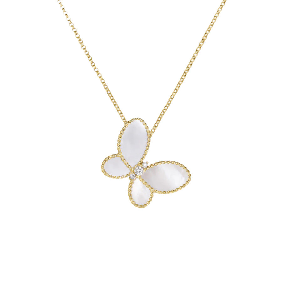 Diamond and Mother of Pearl Butterfly Pendant on Chain in 18k Yellow Gold, 18in