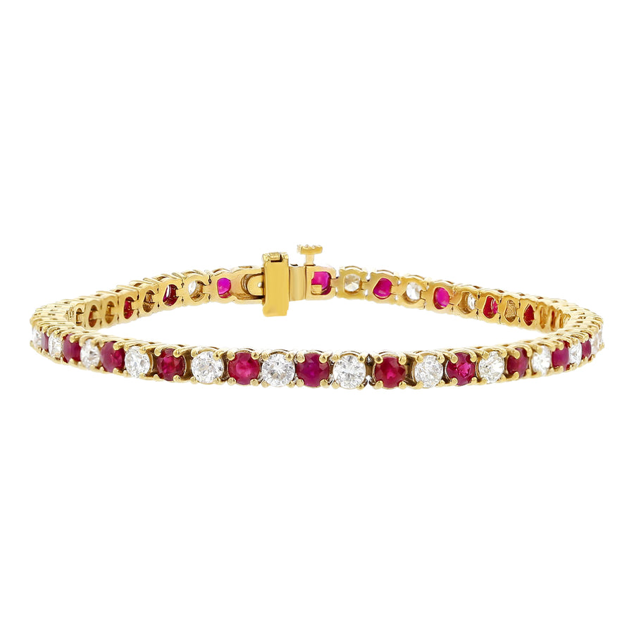 3.25ct Round Diamond and 5.06ct Round Burma Ruby Bracelet in 18K Yellow Gold, 7"
