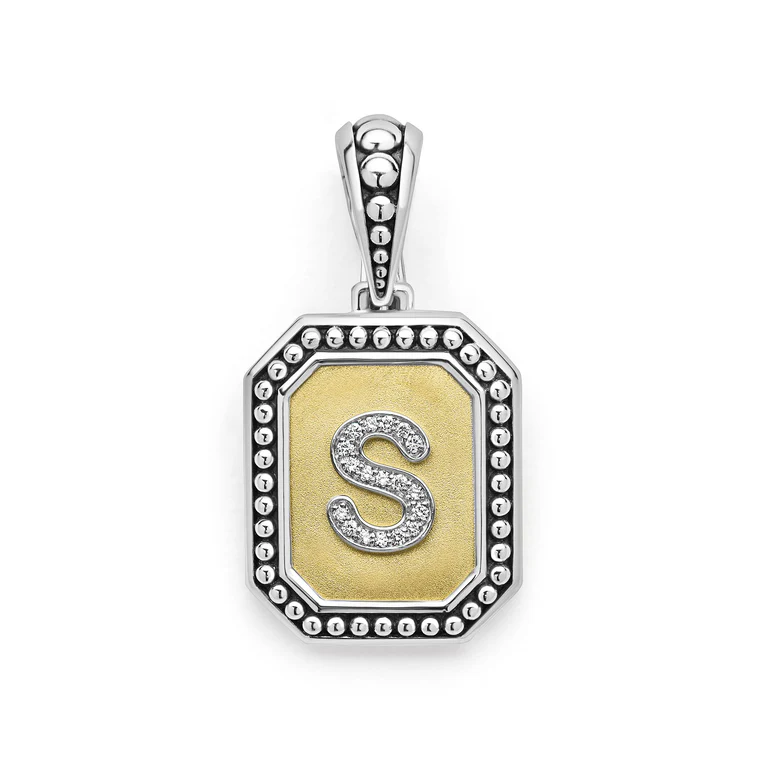 Signature Caviar 0.05ct Diamond Octagon Initial "S" Pendant in 18K Yellow Gold and Sterling Silver, without chain