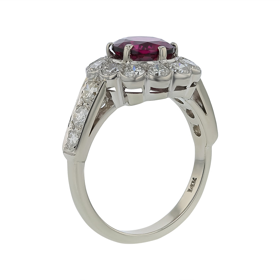 3.10ct Round Tanzanian Garnet and 1.80ct Diamond Halo Ring in 14K White Gold, Size  9.75