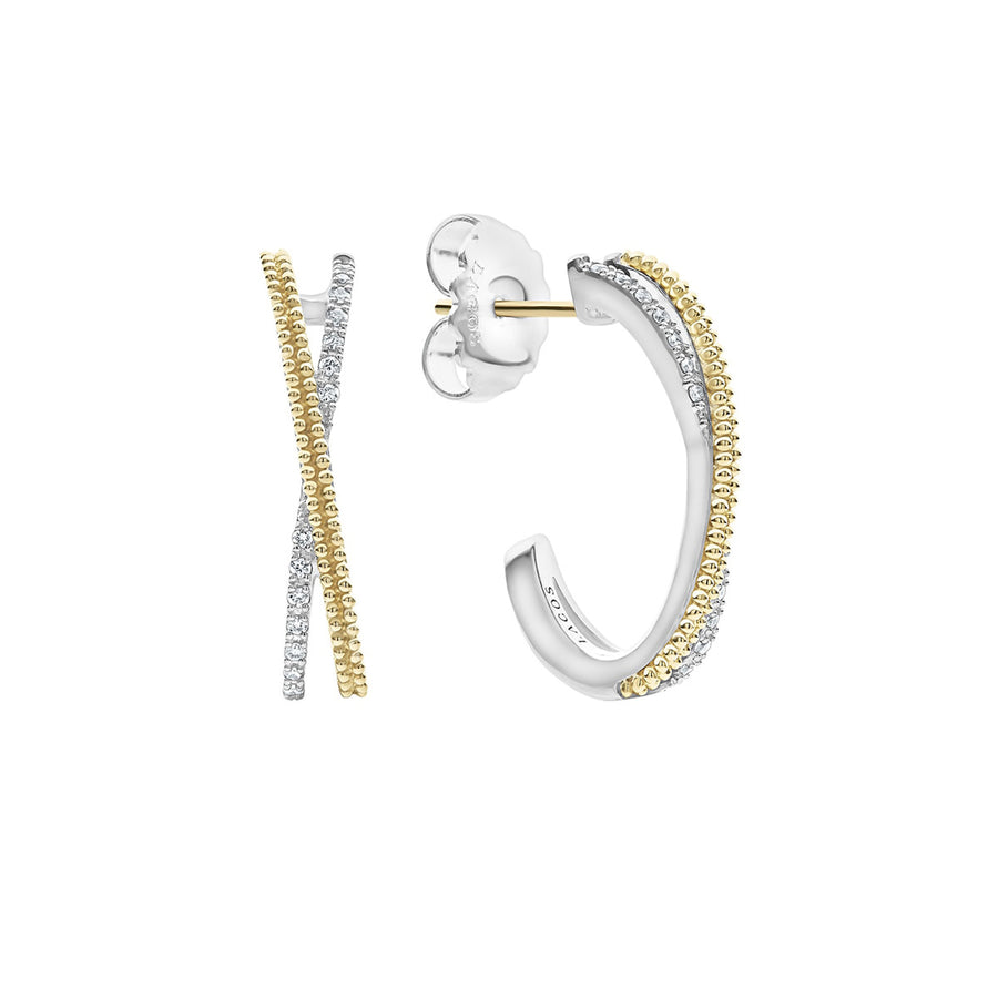 Caviar Lux 0.16ct Diamond Thin Two-Tone Caviar X Hoop in 18K Yellow Gold and Sterling Silver