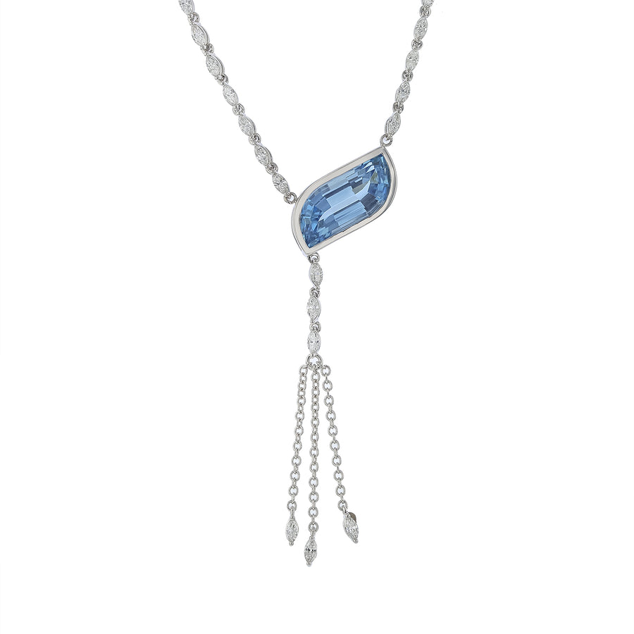 5.56ct Madagascar Aquamarine and 1.66ct Diamond Leaf Necklace with Tassel in 18K White Gold, 18" chain