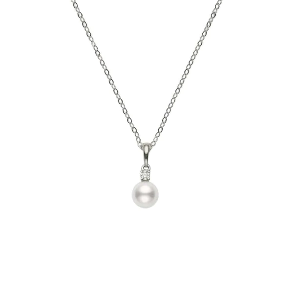 Everyday Essentials Pearl Pendant and 0.05Ct Diamond in 18k White Gold, 18" chain