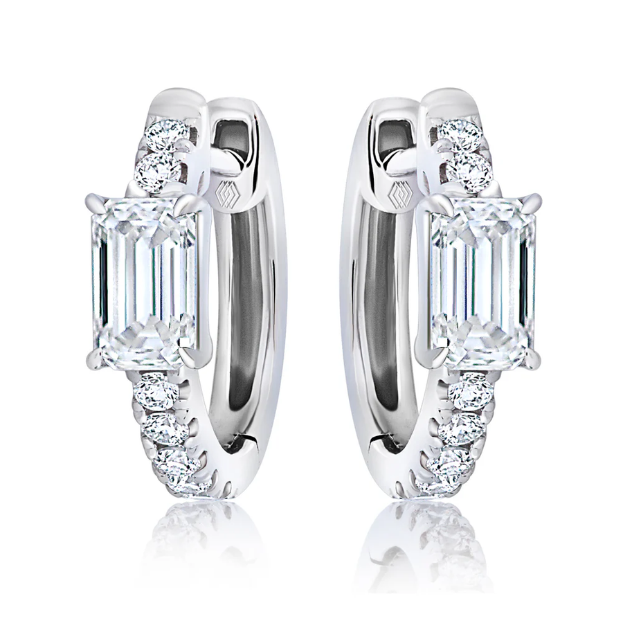 Park Avenue 0.60ct Emerald Cut Diamonds and 0.04ct Round Diamonds Huggie Hoop Earrings in 18K White Gold