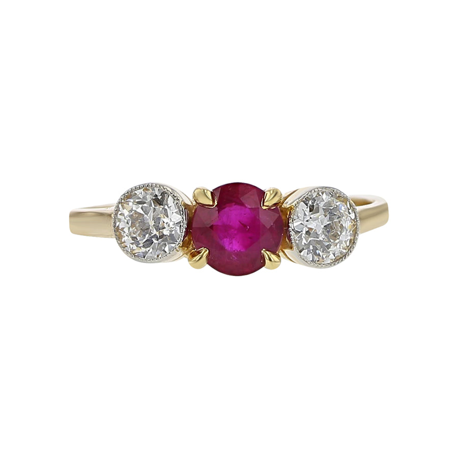 0.80ct Round Ruby and 0.55ct Old European Cut Diamonds 3 Stone Ring in Platinum and 14K Yellow Gold, size 6.5