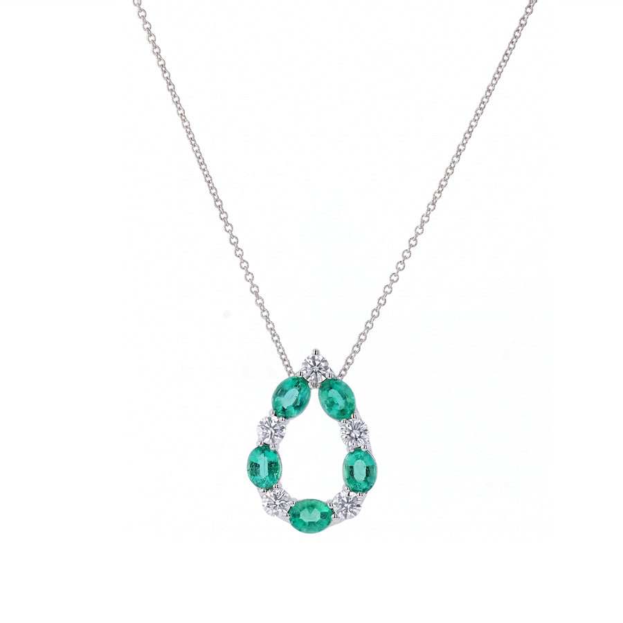 1.62ct Oval Emerald and 0.67ct Round Diamond Pendant in 18K White Gold, 16-18"