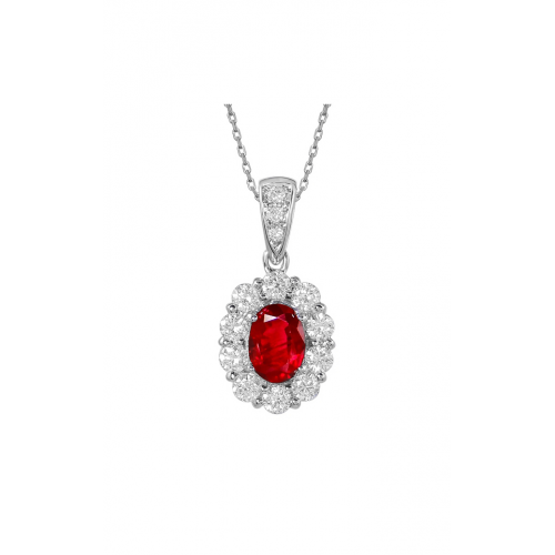 Precious 0.74ct Oval Ruby and 0.68ct Diamond Halo Pendant in 18K White Gold, 18" chain