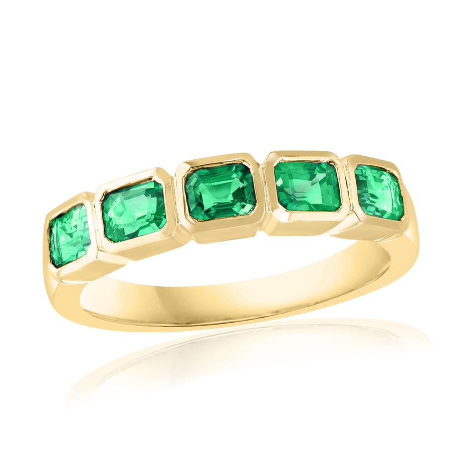 0.87ct Emerald Bezel 5 Stone Band in 18K Yellow Gold, size 7